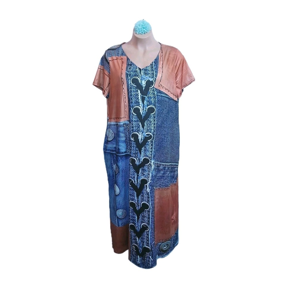 XPluswear Women Faux Denim Print Maxi Dress 3XL Blue Tan Patchwork Vacation Long